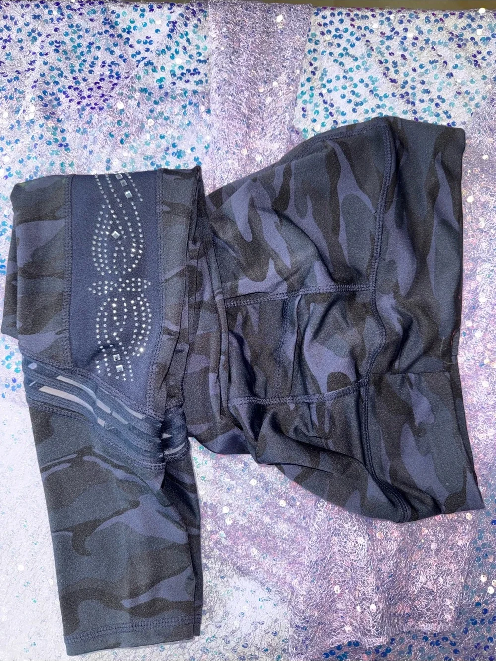 2561-Kathmandu Women's Black and Navy Camouflage Leggings with Rhinestone Panels